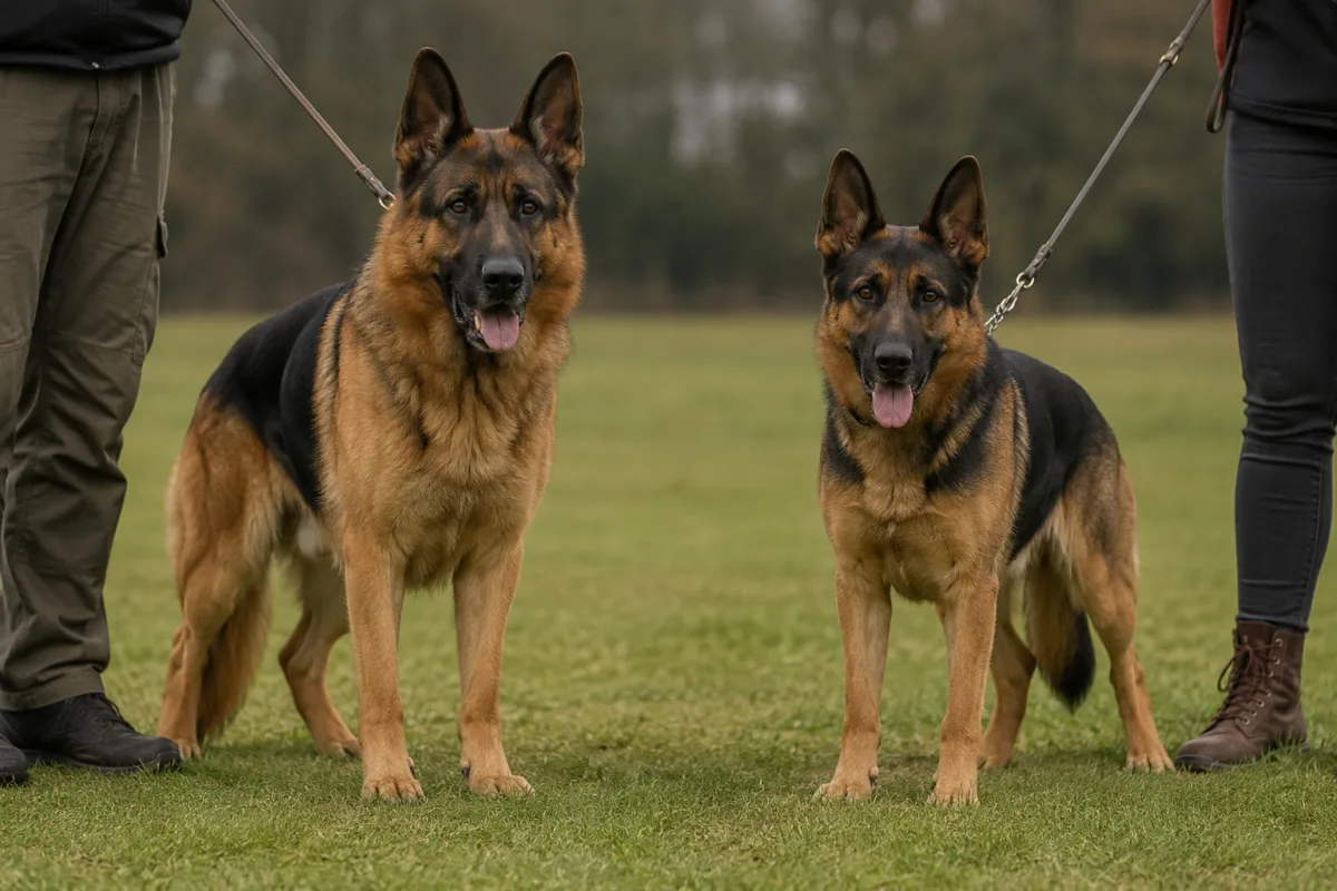 Male and female German Shepherd dogs standing side by side