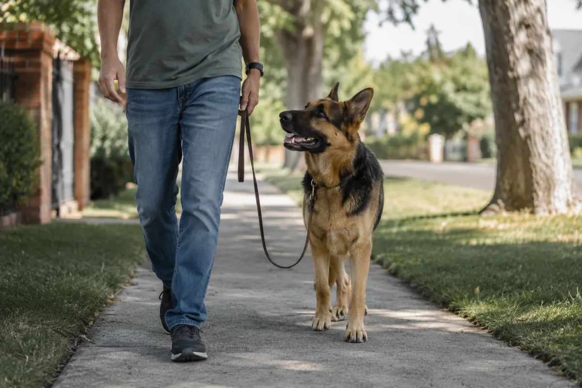 German Shepherd practicing calm leash training in a neighborhood
