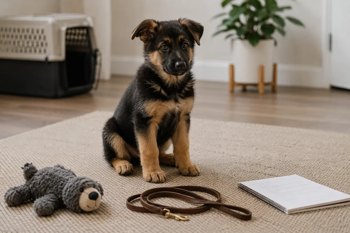 German Shepherd puppy evaluation with toys and notes