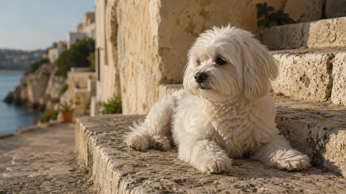 Small white Maltese dog sitting on ancient stone steps in Mediterranean sunlight