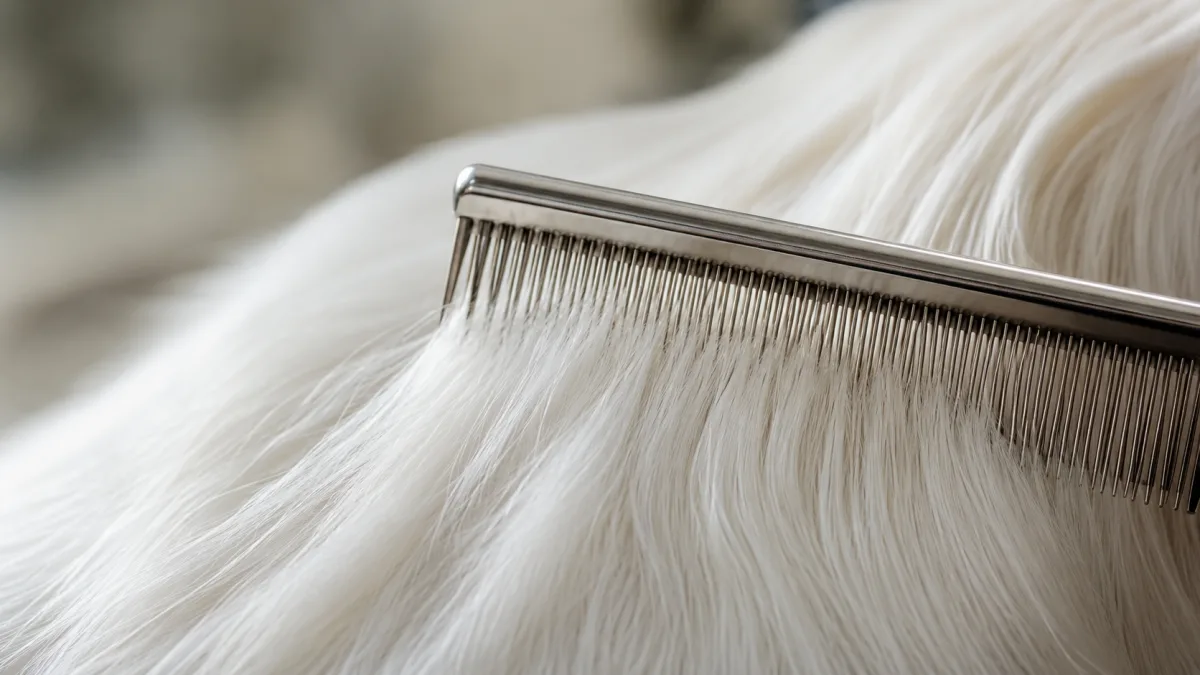 Close-up of a Maltese dog's long white silk coat being gently combed