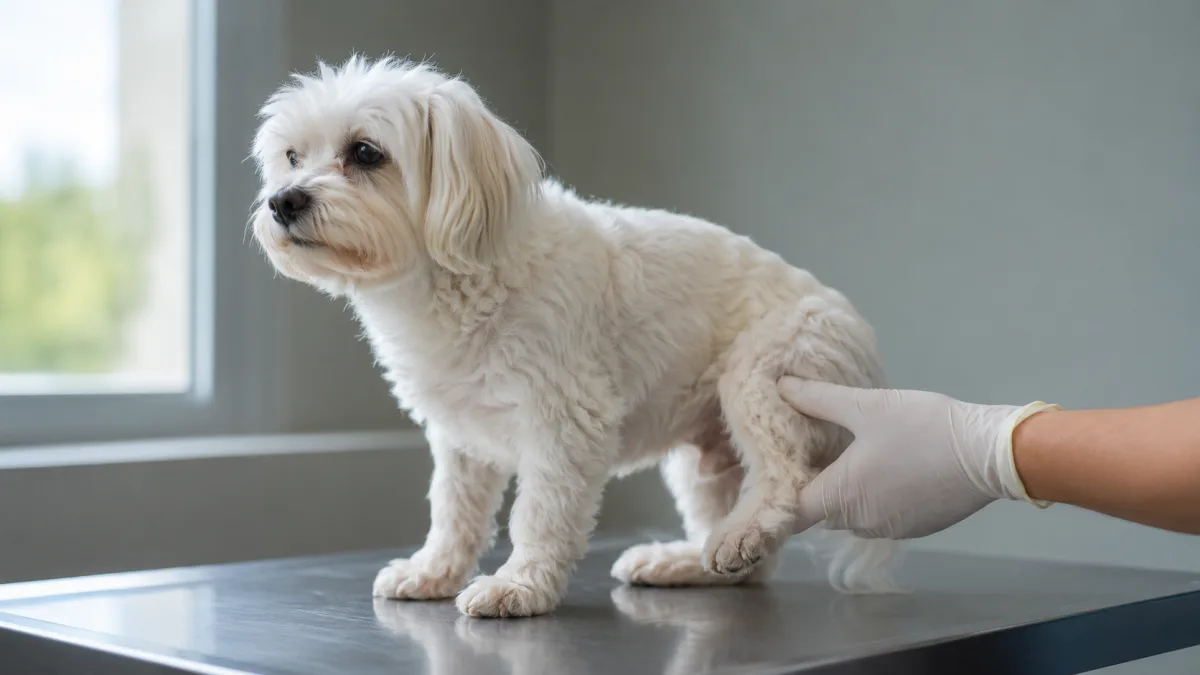 Maltese dog being examined at a veterinary clinic