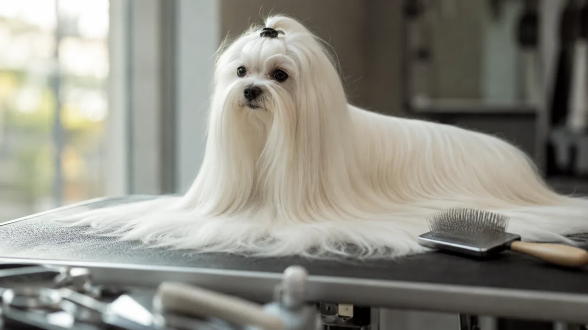 Maltese dog being gently groomed with pin brush on grooming table