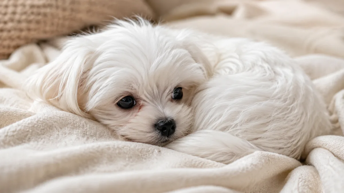Maltese puppy resting comfortably on a soft blanket indoors