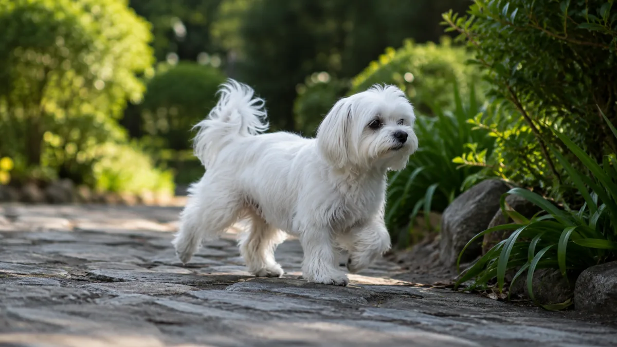 Maltese dog walking on a path, showing natural gait