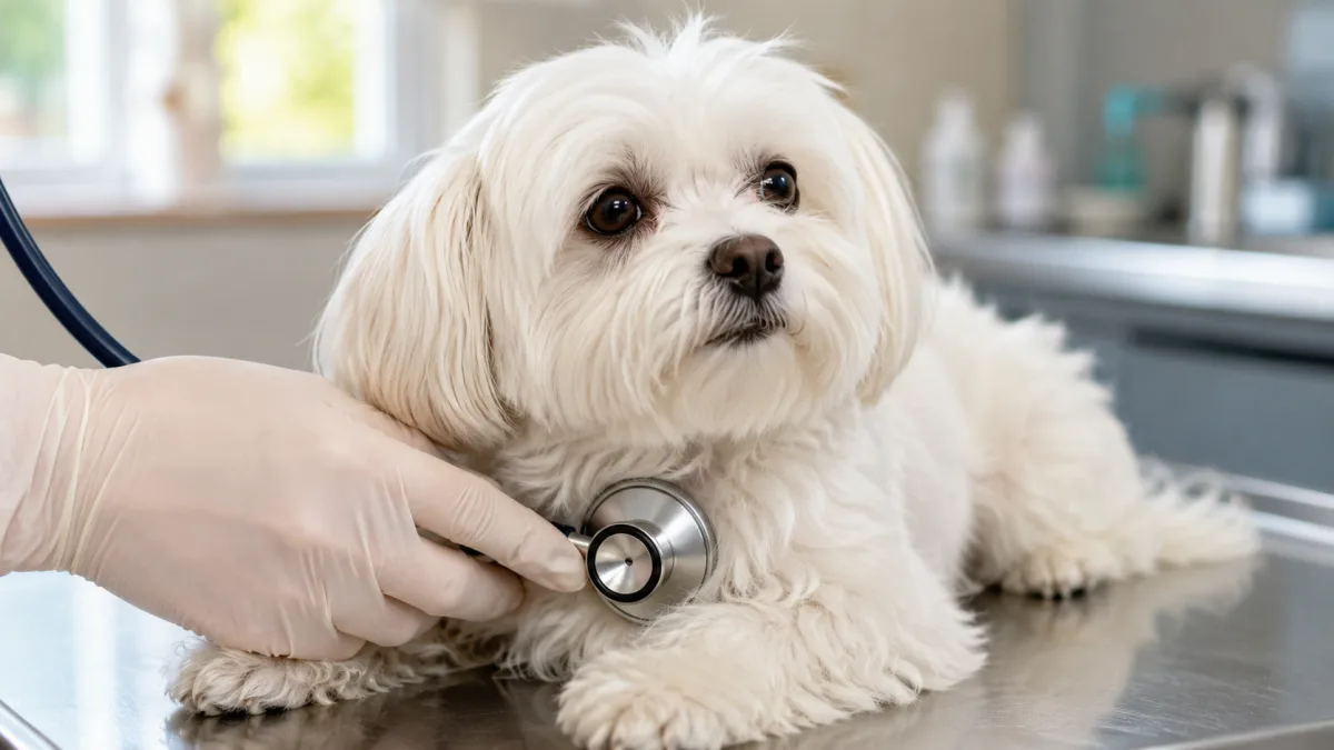 Veterinarian using a stethoscope to examine a Maltese dog