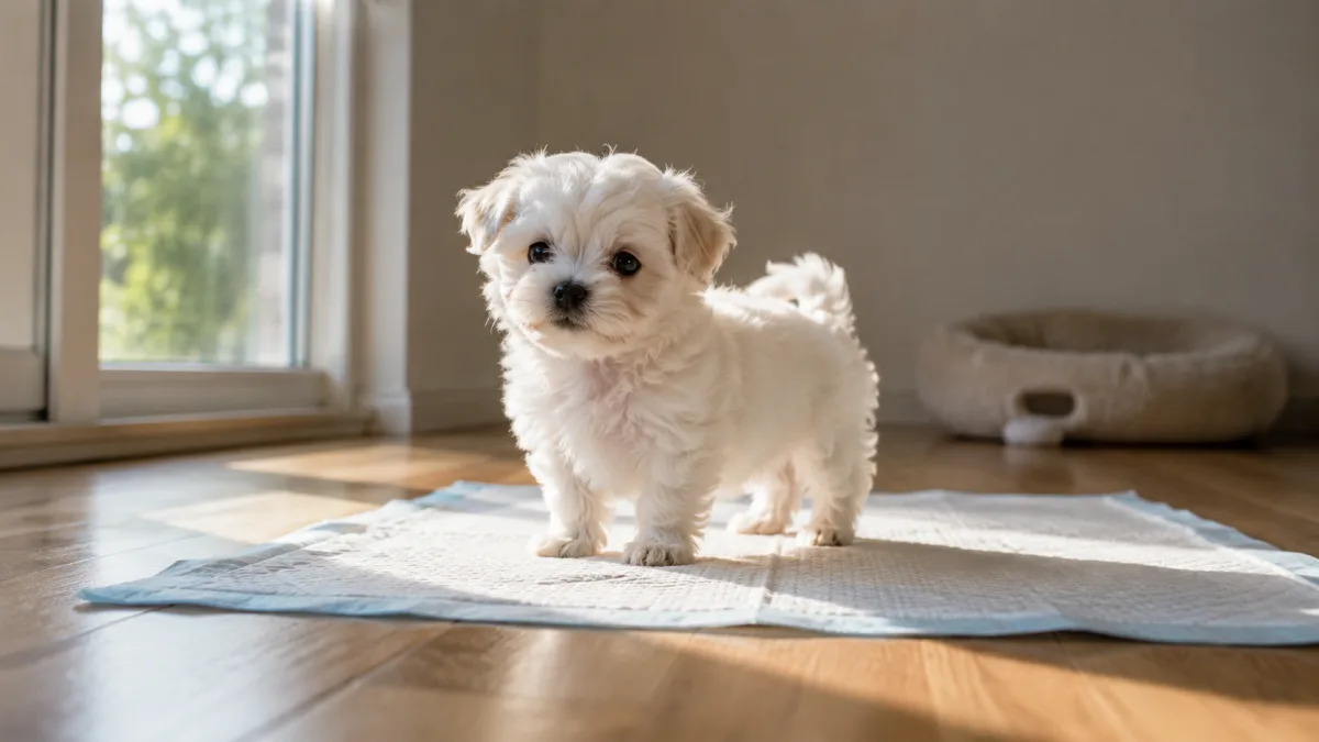 Small white Maltese puppy on a training pad indoors by a window
