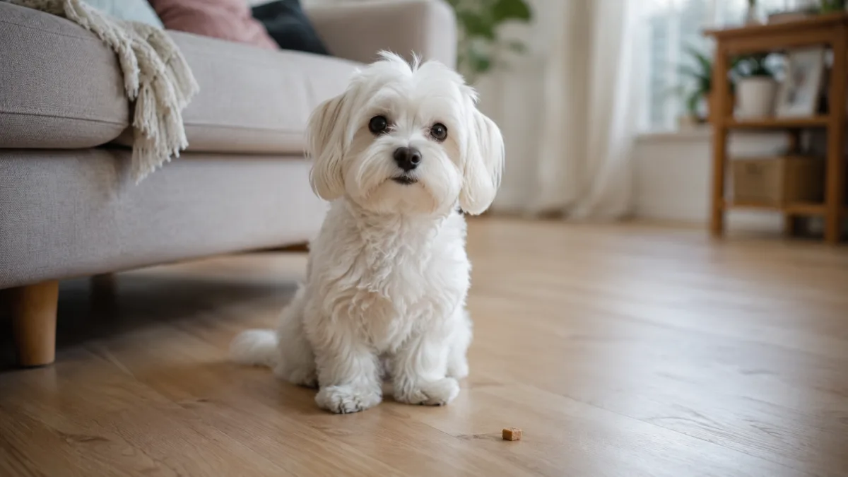 Maltese dog in a sit position during an indoor training session