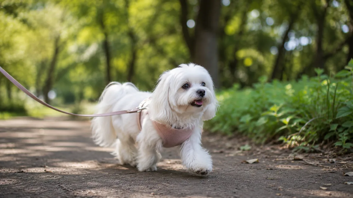 Maltese dog wearing a harness walking on a leash outdoors