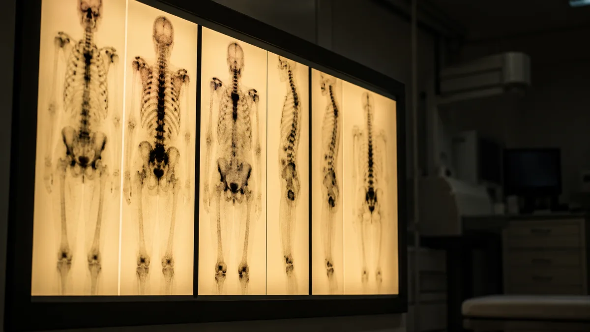 Close-up of a medical imaging lightbox showing bone scan films with areas of metastatic lesions highlighted