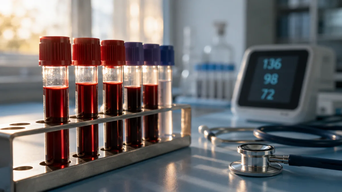 Laboratory blood sample vials and calcium test results on a clinical workbench