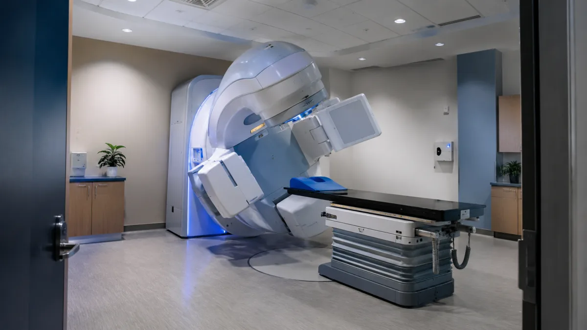 Radiation therapy linear accelerator machine in an empty oncology treatment room