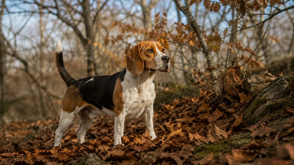A small tricolor beagle standing in an autumn English woodland