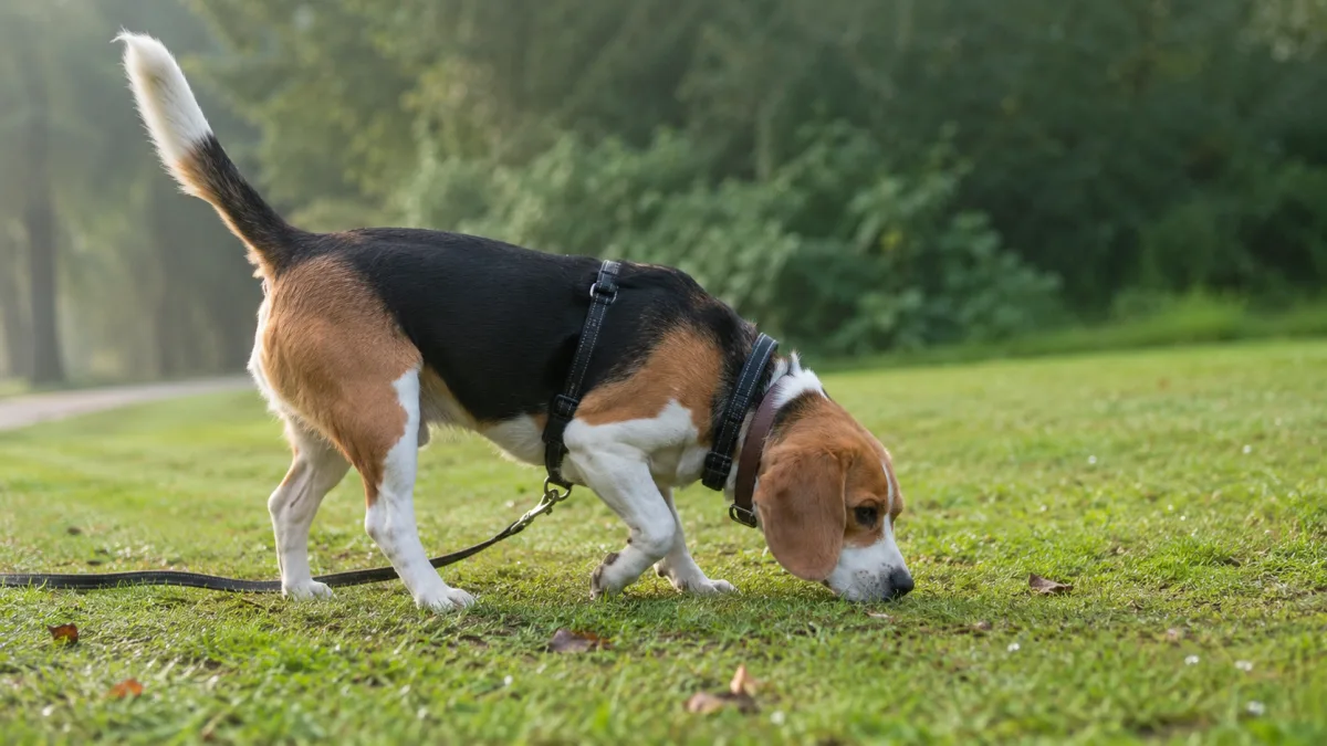 A beagle sniffing the ground intently on a long training lead in a park