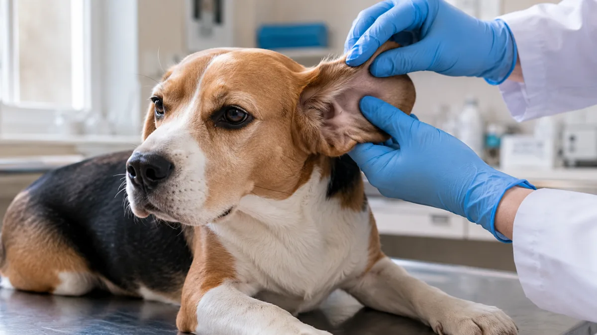A beagle being examined by a veterinarian at a clinic