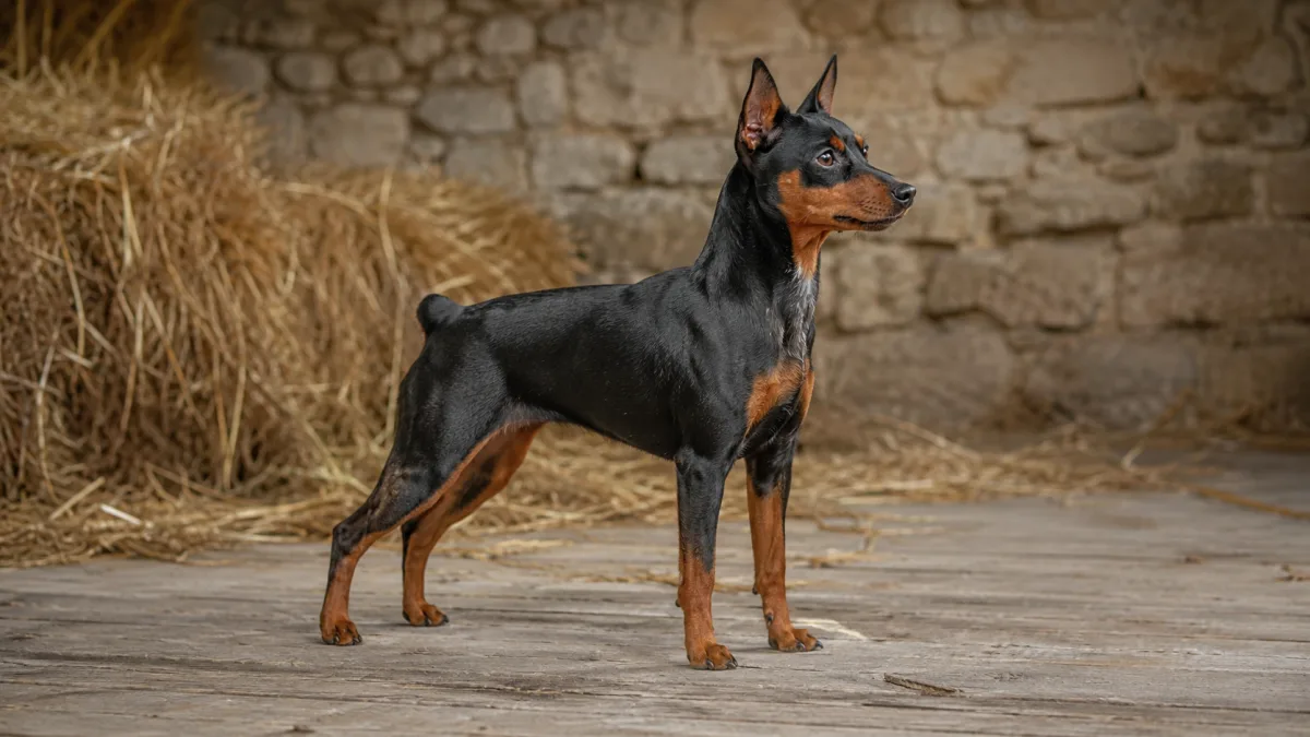 Miniature Pinscher standing alert in a German farmyard setting