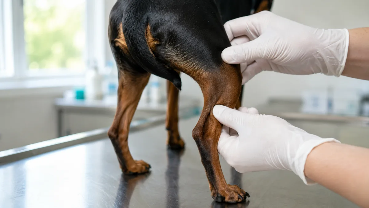Veterinarian examining a Miniature Pinscher's rear legs during health checkup