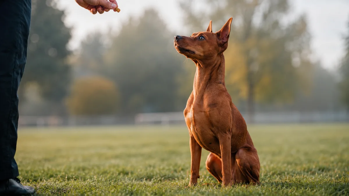 Miniature Pinscher performing a sit-stay during positive reinforcement training session