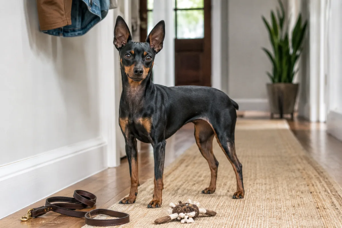 Miniature Pinscher standing alert in a home hallway