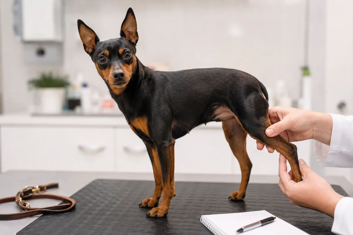 Miniature Pinscher knee and movement check at a vet visit