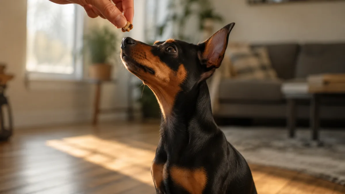 Miniature Pinscher puppy learning to sit with treat reward during training session