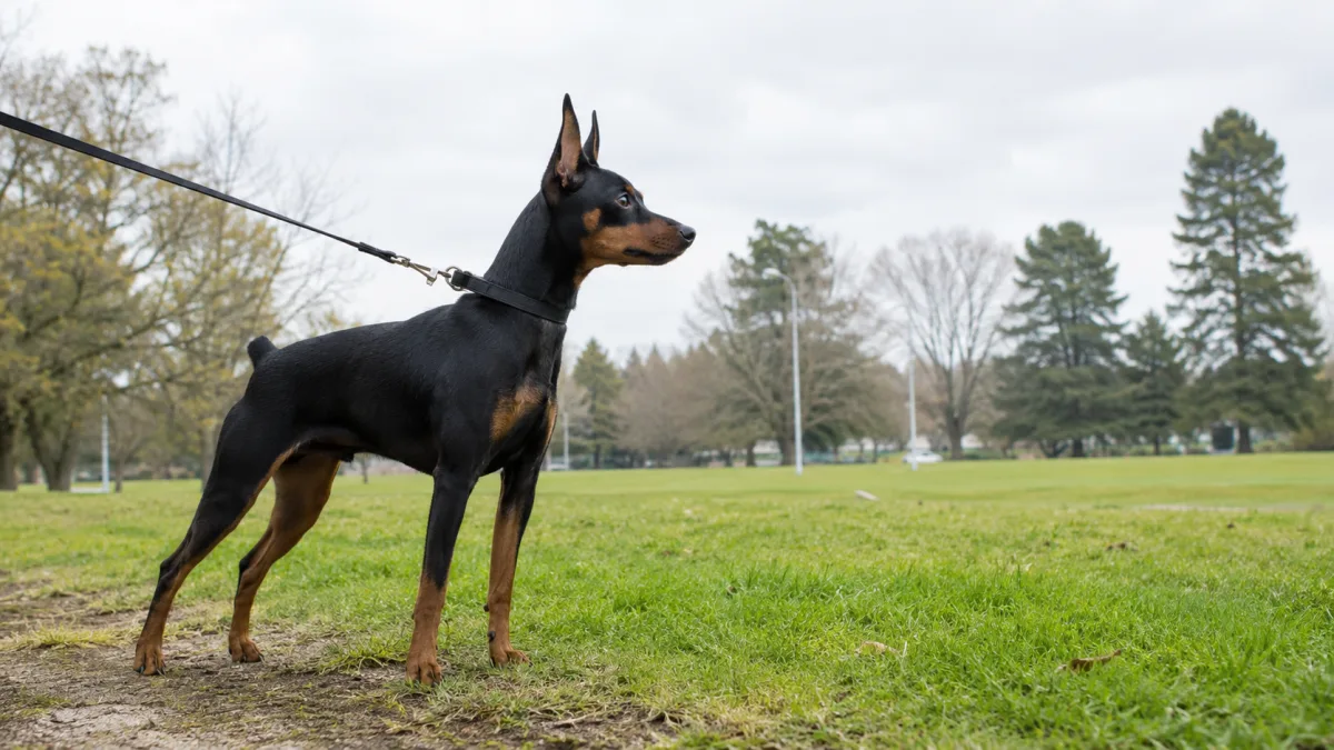 Miniature Pinscher on leash outdoors scanning alertly at a distance