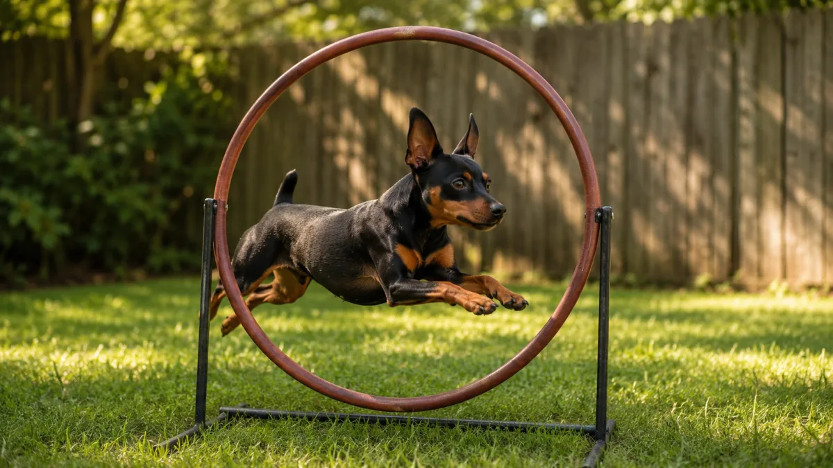 Miniature Pinscher performing a trick in a backyard with handler watching