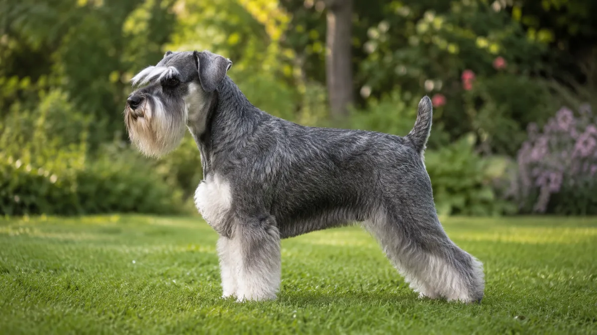 Adult Miniature Schnauzer standing on grass showing full body proportions