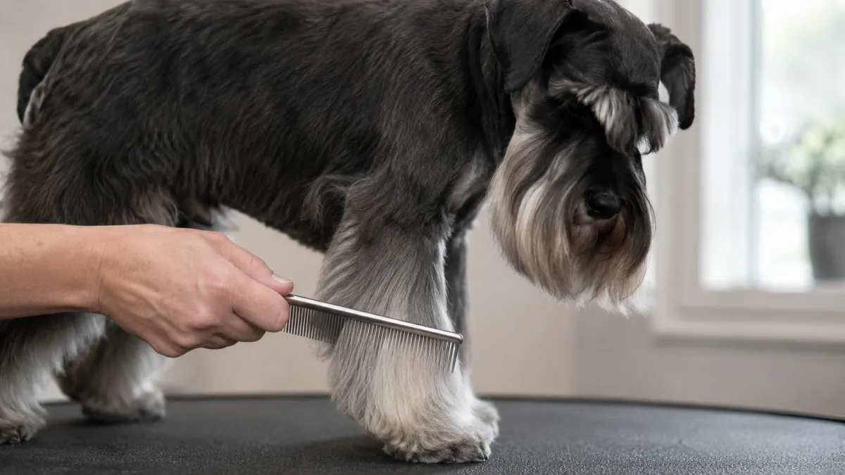 Miniature Schnauzer being combed with a steel comb during home grooming session