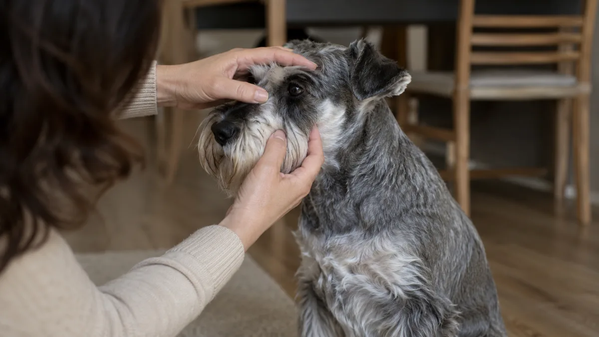 Miniature Schnauzer having an eye check at home