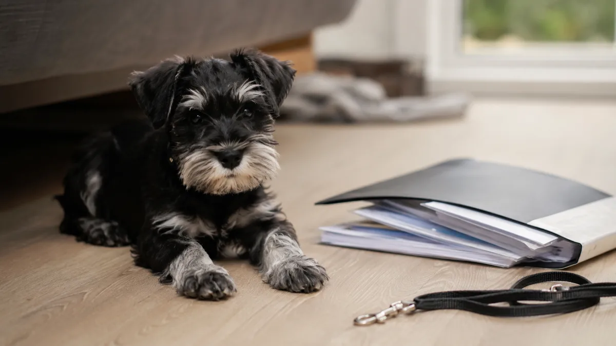 Miniature Schnauzer puppy beside health paperwork