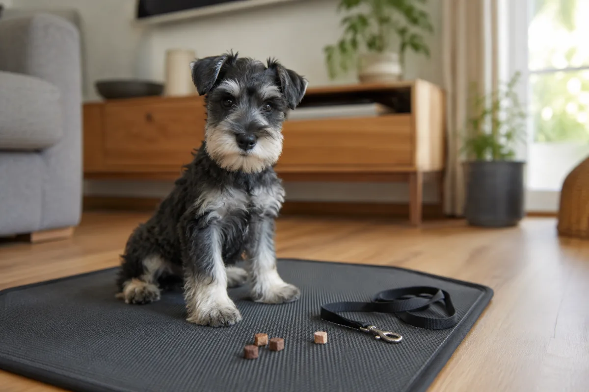 Miniature Schnauzer puppy practicing mat training at home
