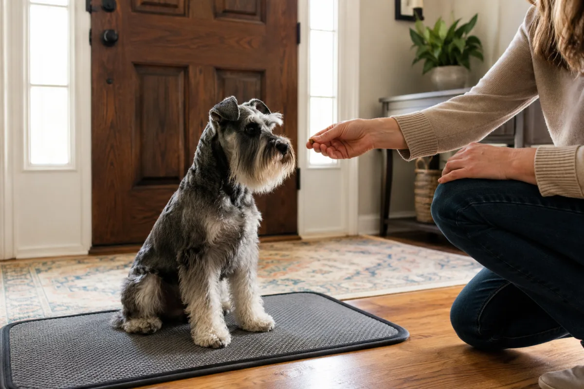 Miniature Schnauzer learning quiet near front door