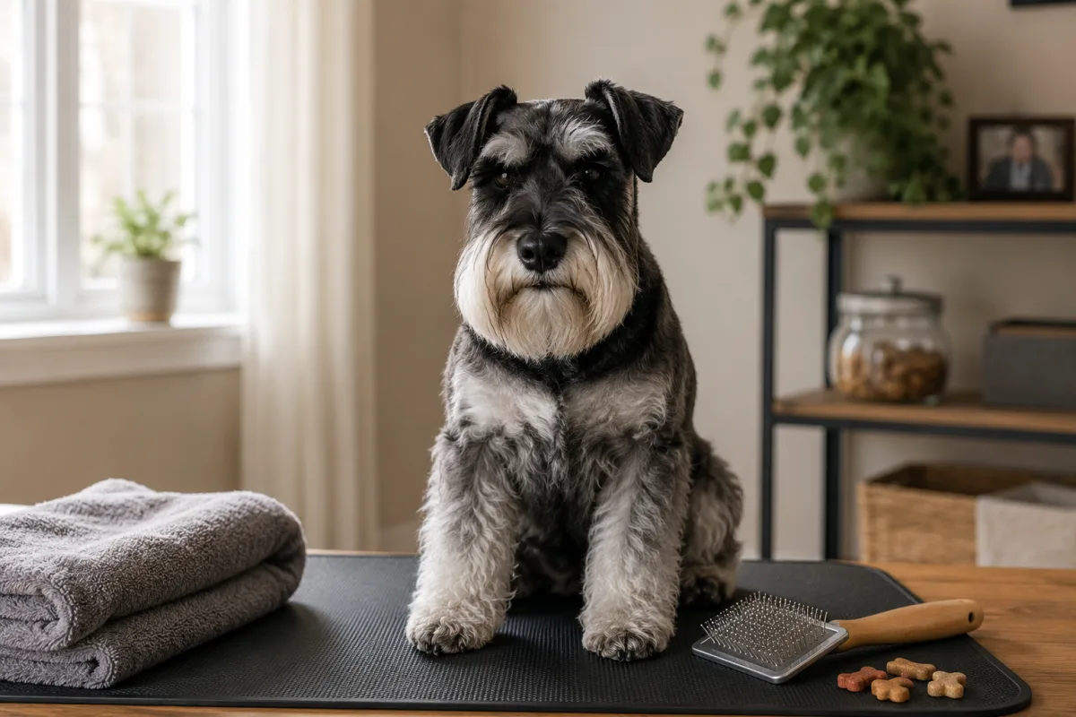 Miniature Schnauzer calmly accepting brushing practice