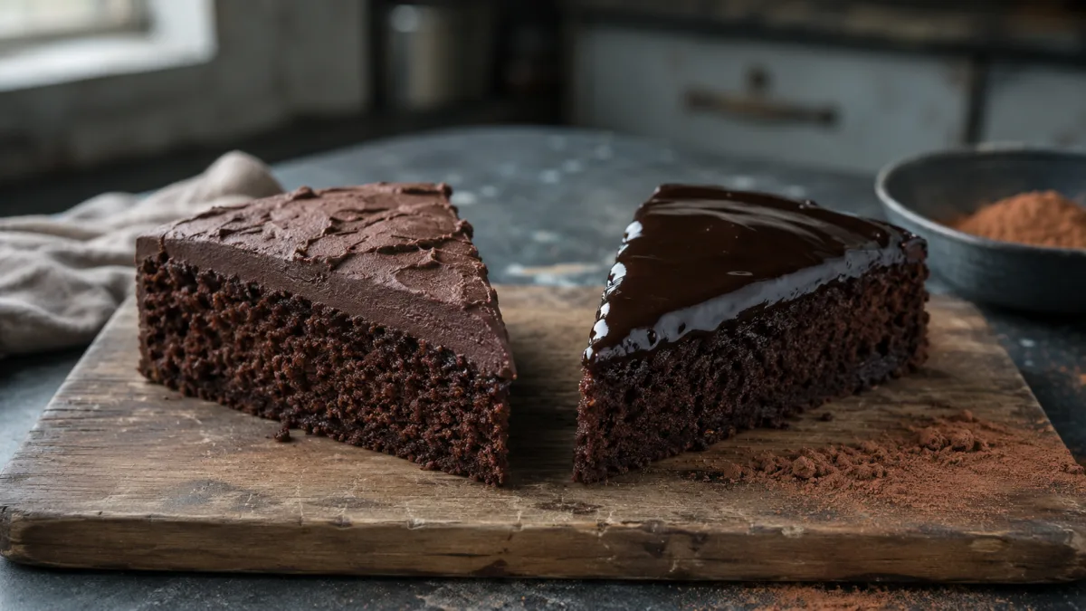 Siyah zemin üzerinde fudge icing ve ganache karşılaştırması, mat ve parlak çikolata kaplama