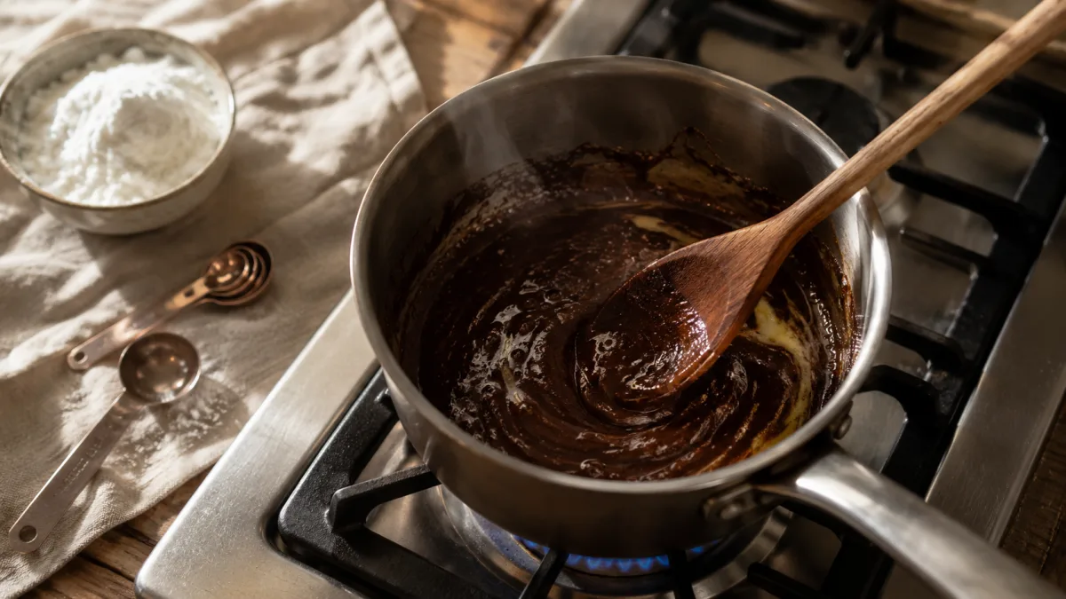 Fudge icing hazırlama adımları, tencerede eriyen tereyağı ve kakao karışımı