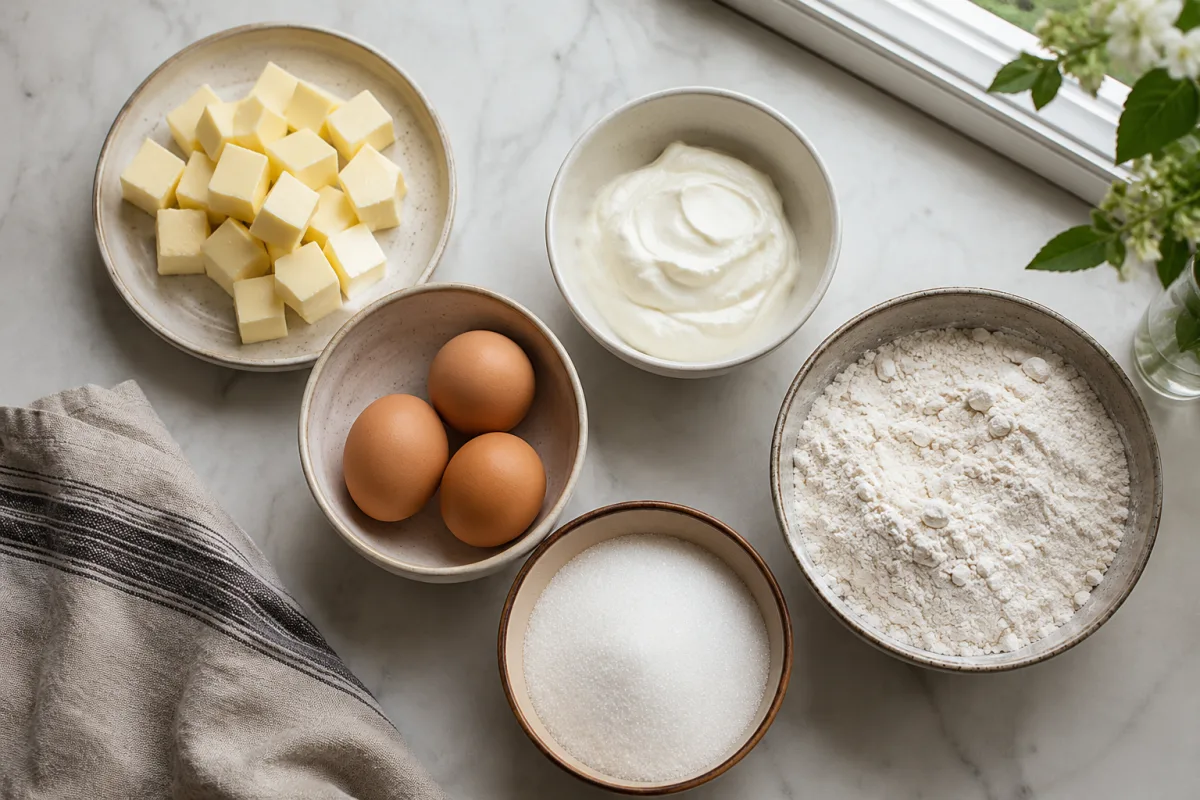 Butter, eggs, sour cream, flour, and sugar set out for pound cake