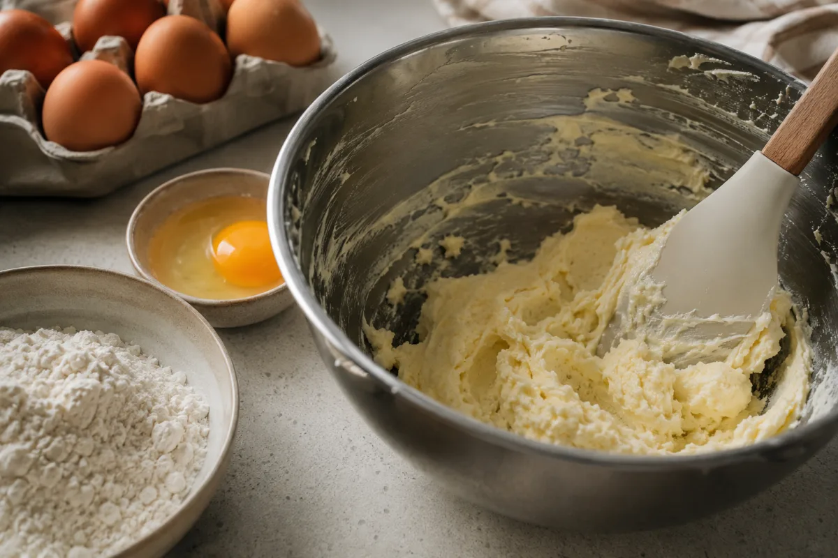 Creamed butter and sugar in a mixing bowl with a spatula