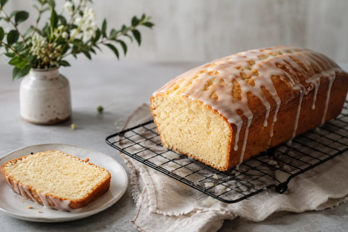 Sour cream pound cake cooling on a wire rack with a thin glaze