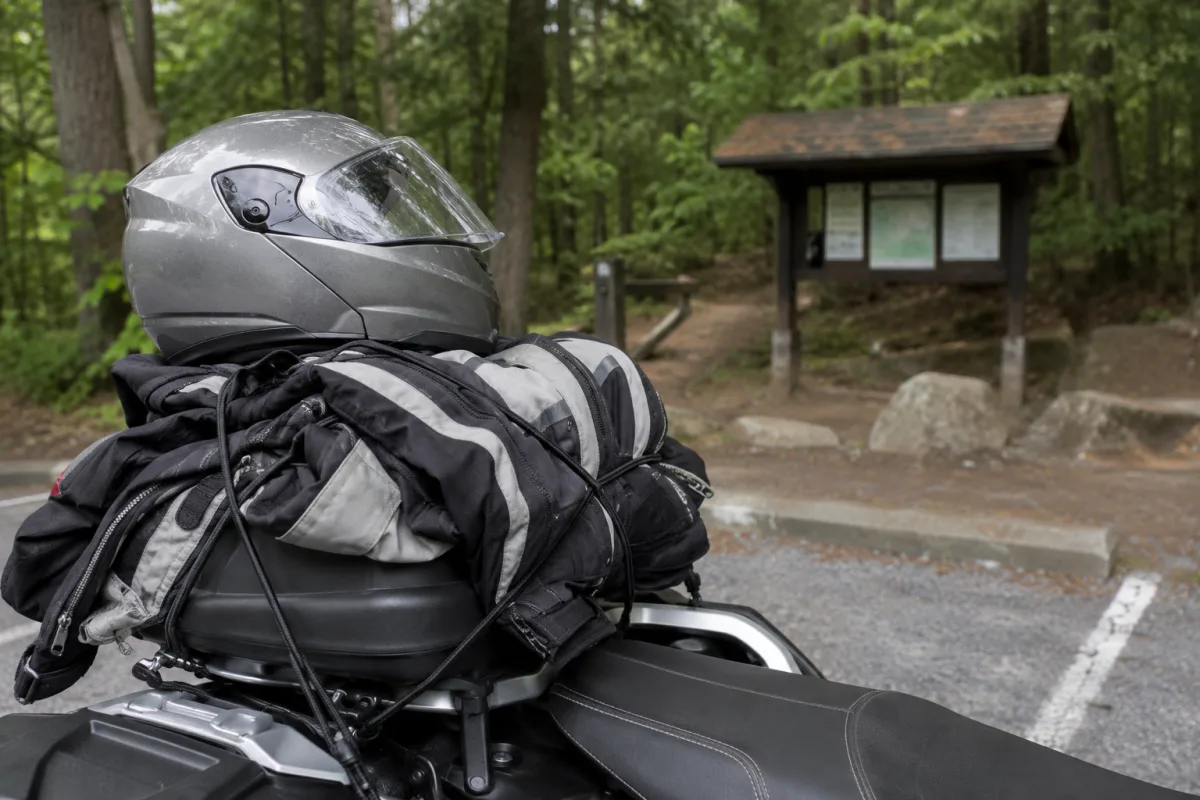 Motorcycle gear near Hocking Hills trailhead stop