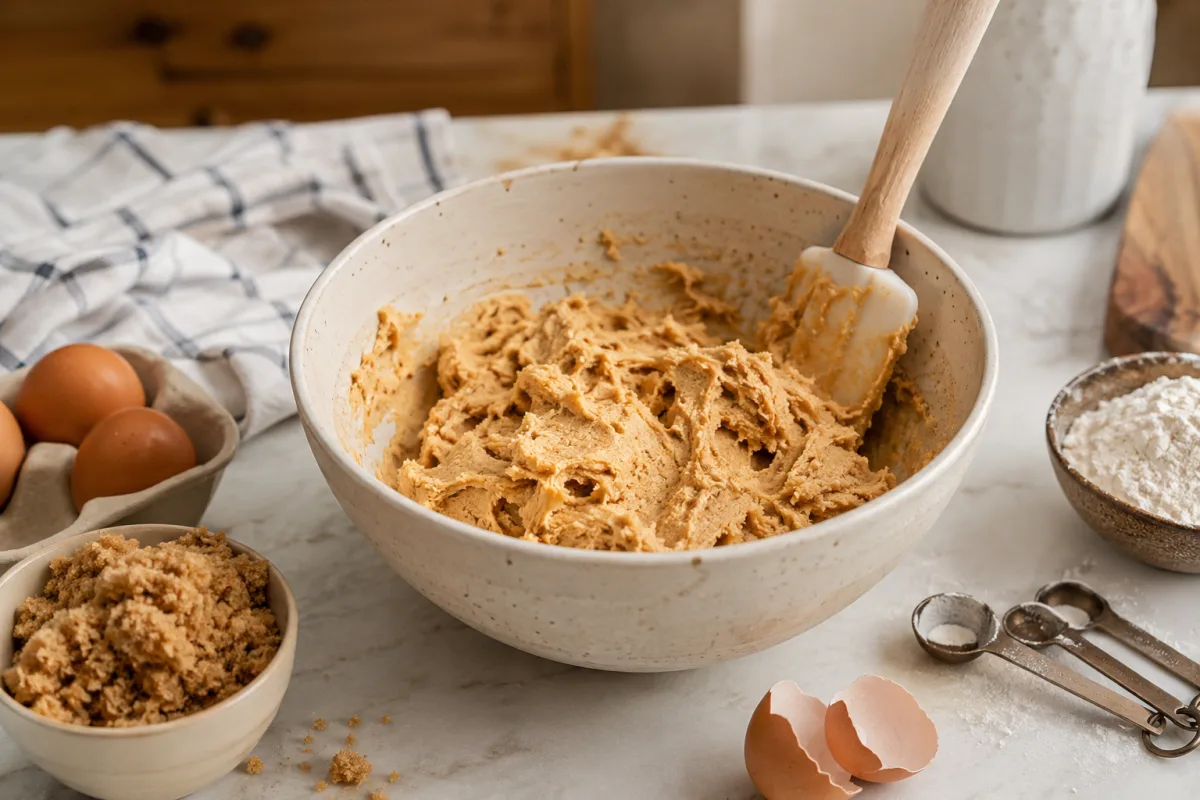 Peanut butter cookie dough being mixed in a bowl