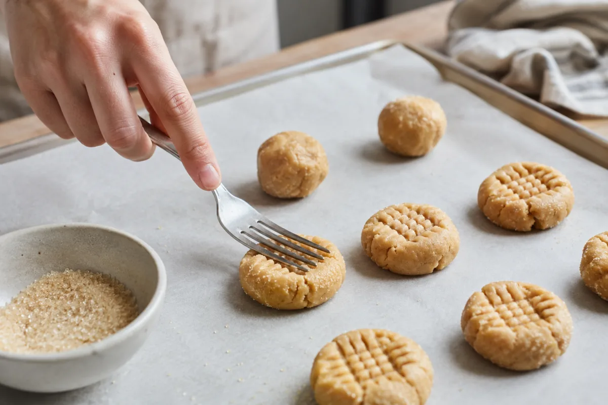 Fork marks being pressed into peanut butter cookie dough