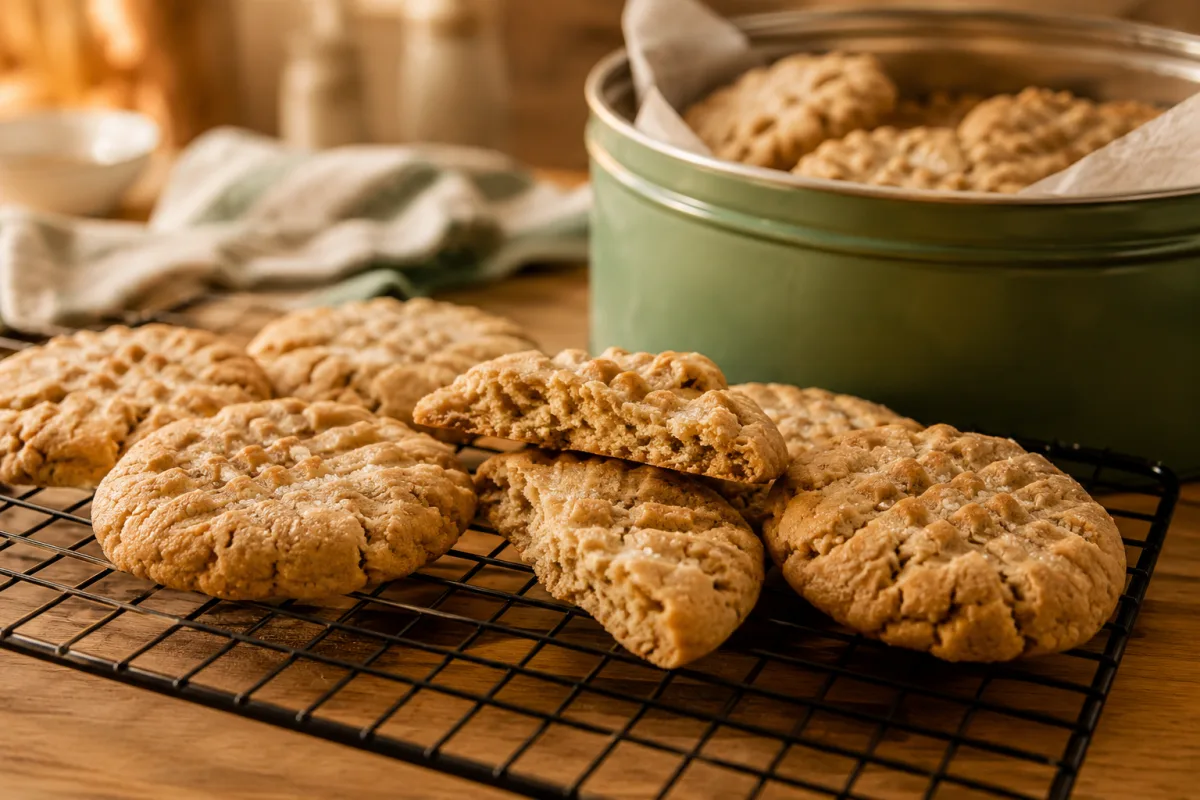 Soft peanut butter cookies cooling on a rack