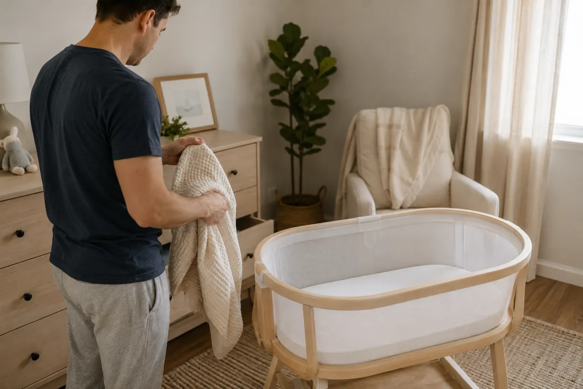 New dad setting safe sleep space