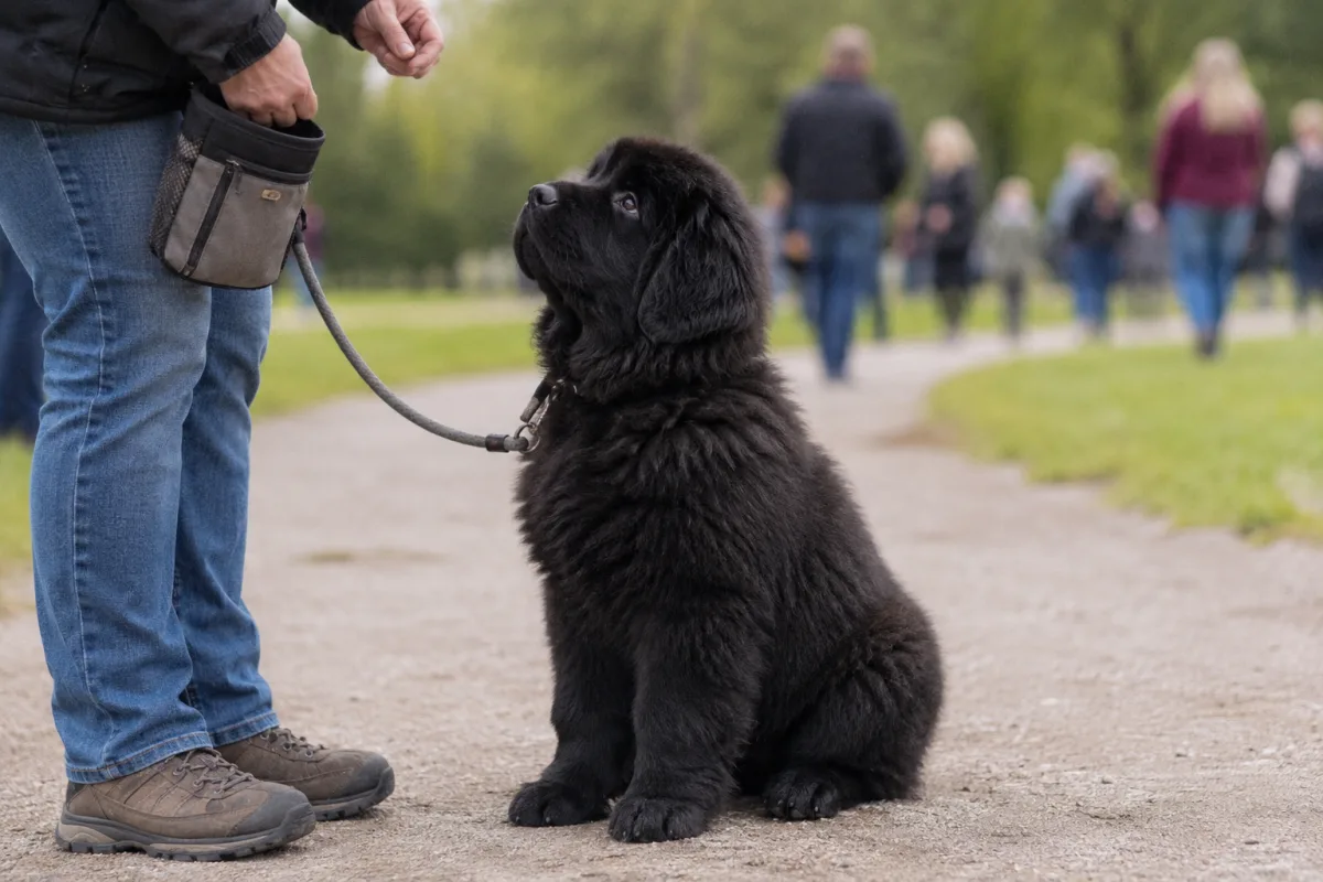 Newfoundland puppy calmly socializing near people