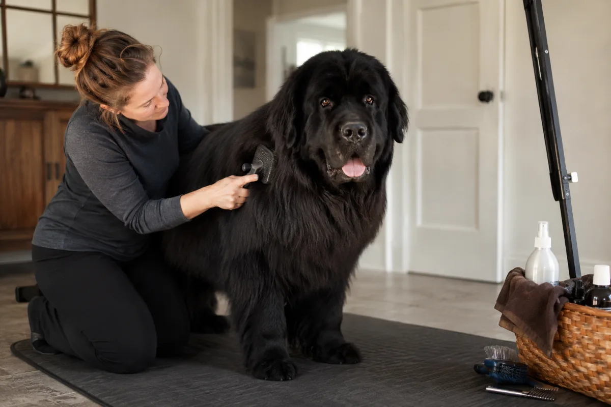 Newfoundland standing calmly for grooming practice