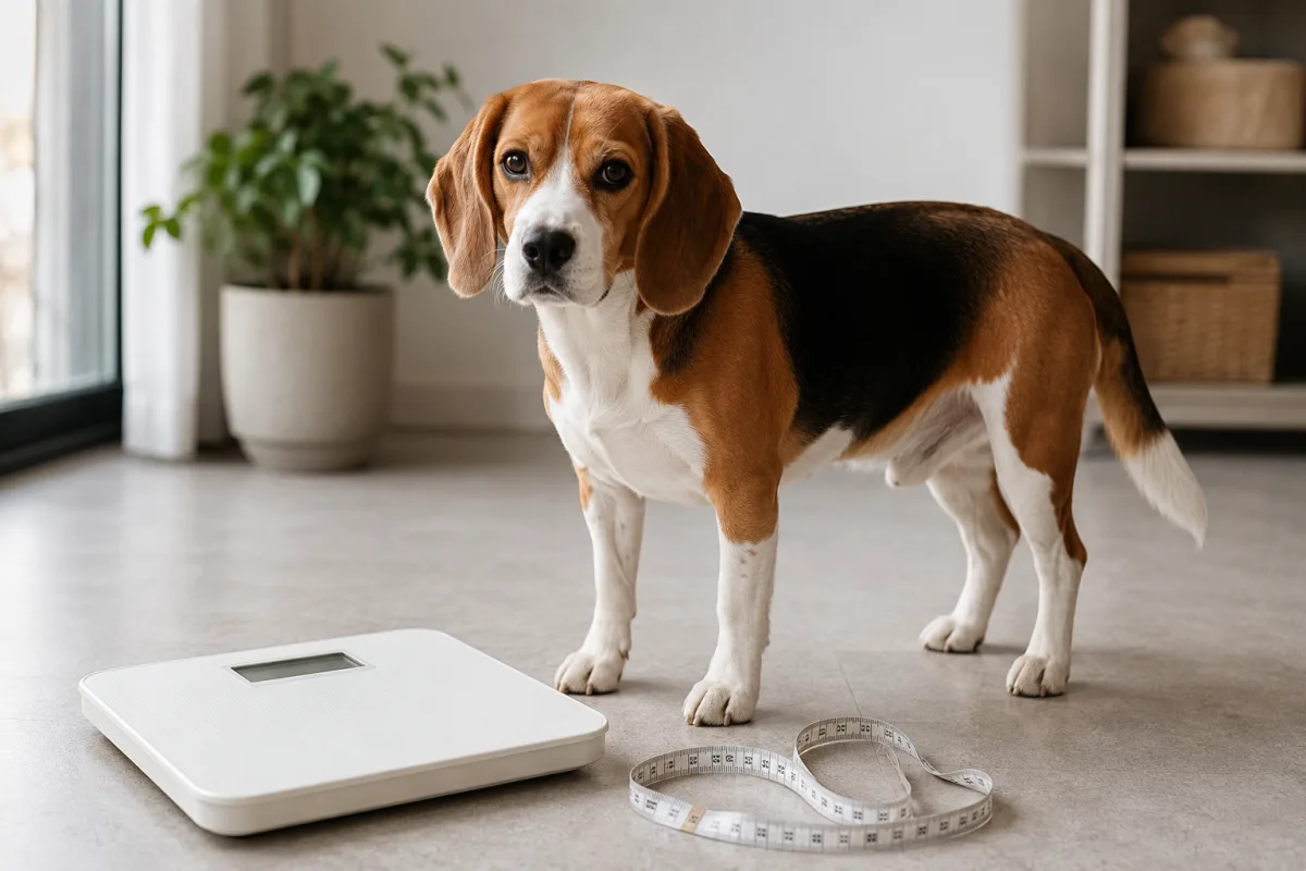 Beagle standing beside a simple home scale and measuring tape