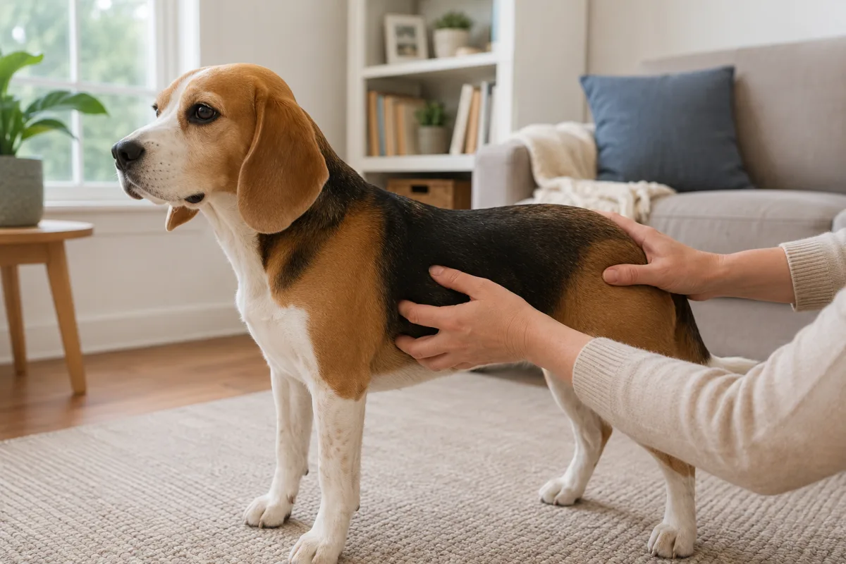 Hands checking a Beagle rib area for body condition