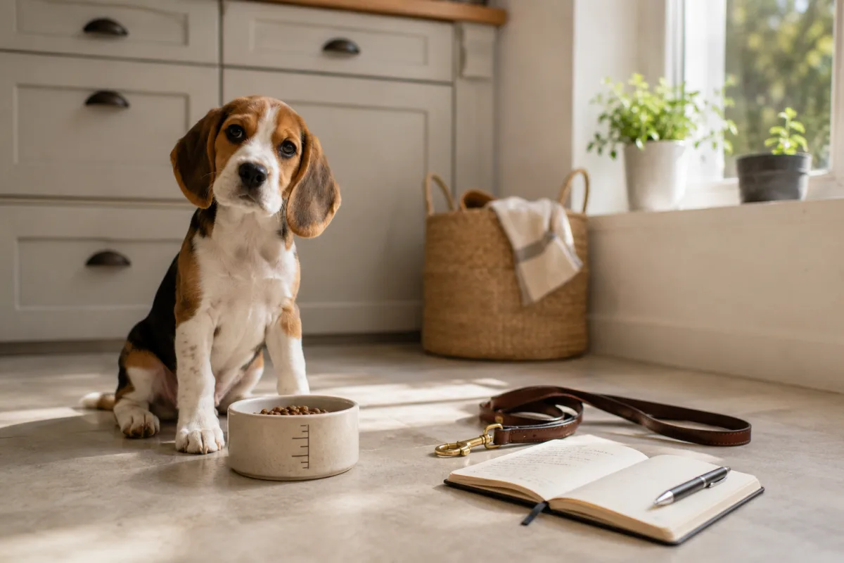 Beagle puppy near food bowl and growth notes