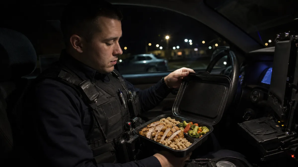 Police officer eating a meal-prepped lunch in a patrol vehicle during a night shift